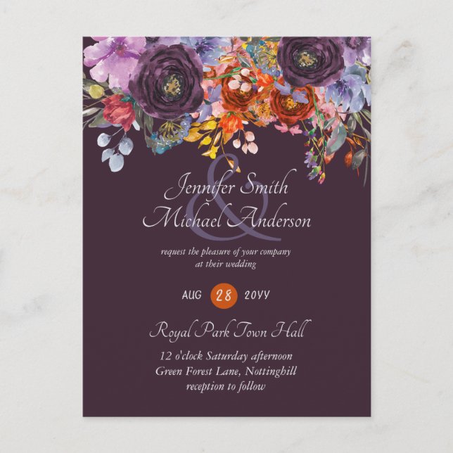Purple Sage Orange Pink Floral Wedding Invitations (Front)