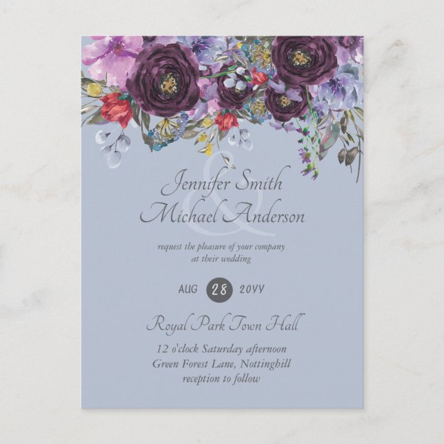 Purple Sage Orange Pink Floral Wedding Invitations (Front)