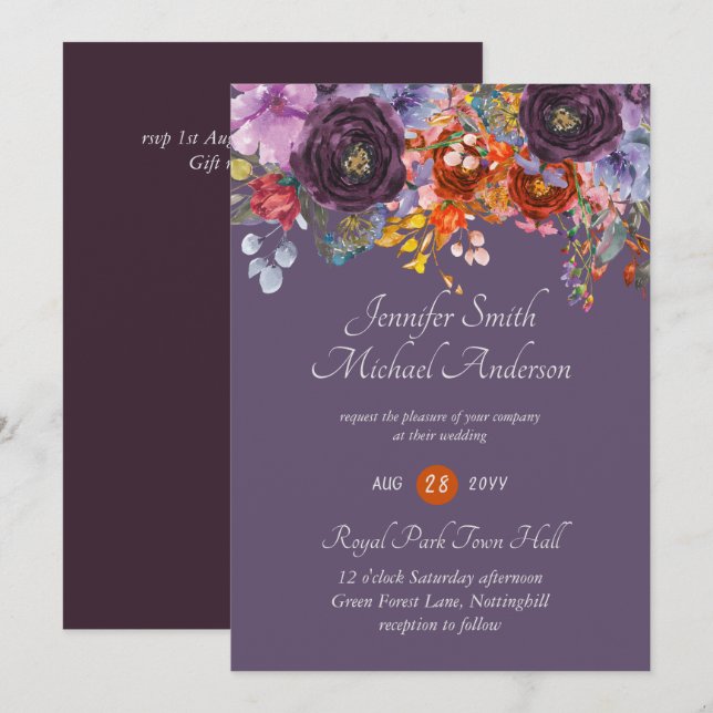 Purple Sage Orange Rose Floral Invitations de mari (Devant / Derrière)