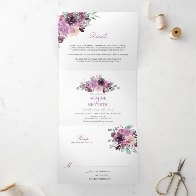 Purple Sangria Mauve Watercolor Flowers Greenery Tri-Fold Invitation (Inside)