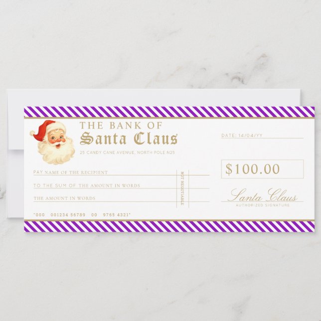 Purple Santa Cheque Gift Voucher Card (Front)