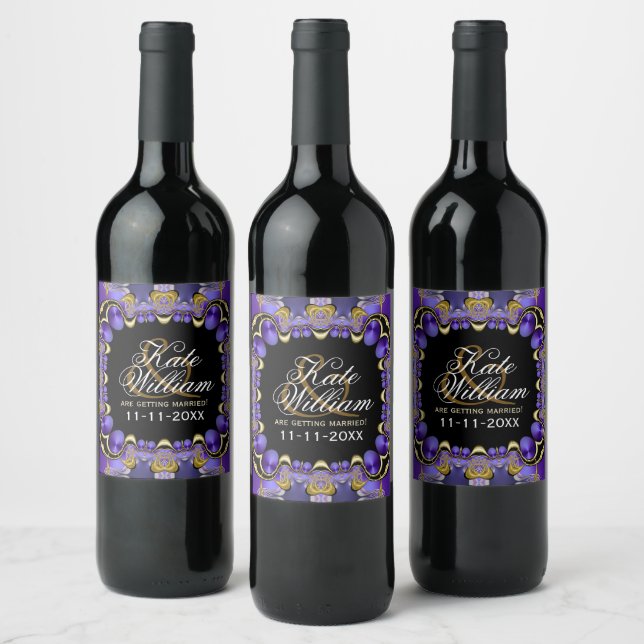 Purple Satin Gold & Black Fractal Lace Wine Label (Bottles)