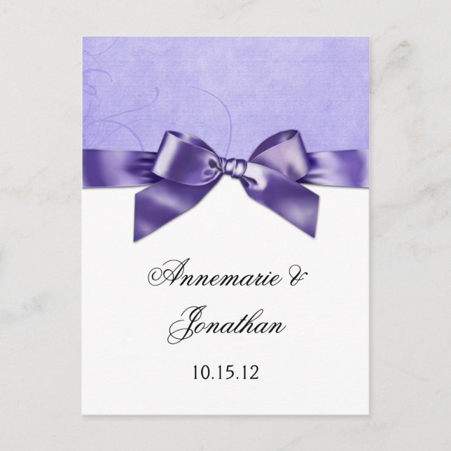 Purple Satin Ribbon Save the Date Announcement Postcard (Front)