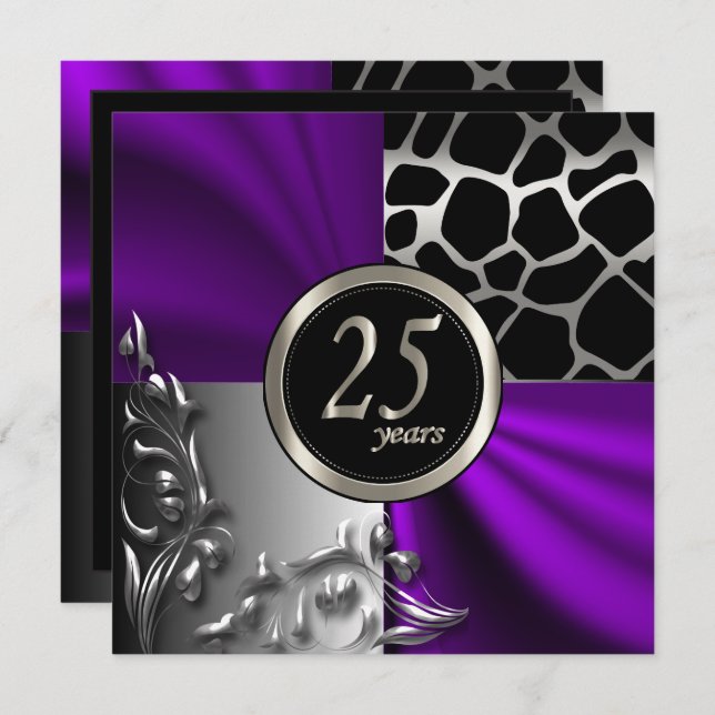 Purple Satin & Silver 25 Year Party Invitation (Front/Back)