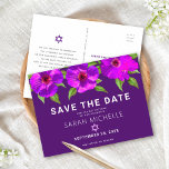 Purple Save the Date Bat Mitzvah Floral Watercolor Invitation Postcard<br><div class="desc">Make sure all your friends and relatives will be able to celebrate your daughter’s milestone Bat Mitzvah! Send out this chic, stunning, purple pink floral watercolor with modern san serif type against a dark plum purple background, personalized “Save the Date” announcement postcard. Personalize the custom text with your Bat Mitzvah’s...</div>