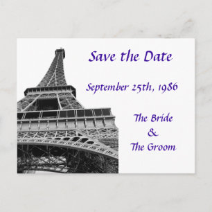 Purple Save the Date Eiffel Tower Announcement Postcard