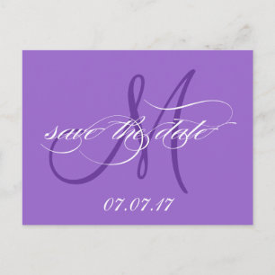 Purple Save the Date Monogram Postcard