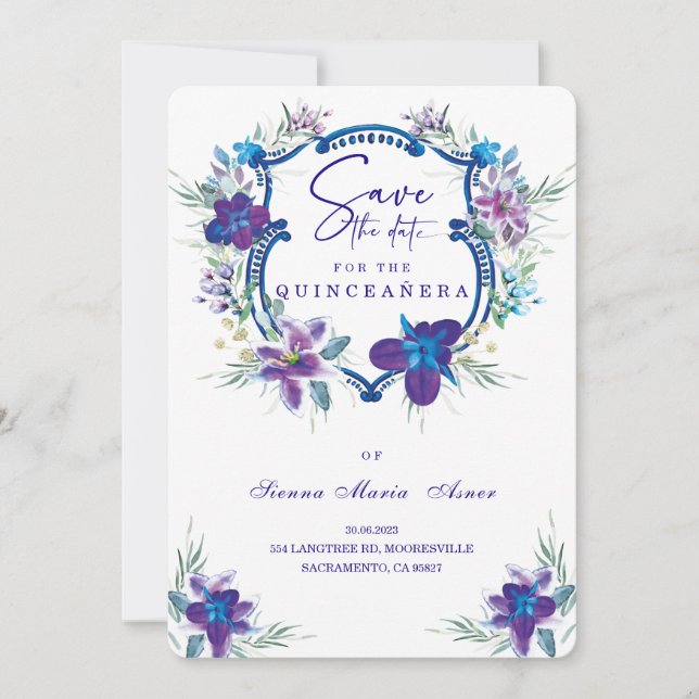Purple  Save the Date Quinceañera Invitation (Front)
