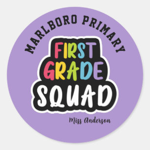 Purple School Name First Grade Teacher Squad Classic Round Sticker