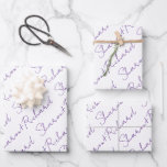 Purple script calligraphy names wedding wrapping paper sheet<br><div class="desc">Make your wedding day even more special with this personalizable purple cript calligraphy names wedding Wrapping Paper Sheets. You can customize it by entering your names and adjusting the text size to fit the space available, so that your names can look their best. This is a great way to make...</div>