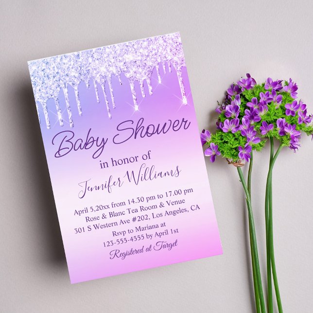 purple script dripping glitters girl baby shower invitation (Creator Uploaded)