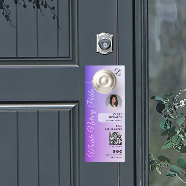 Purple Script Gradient Photo Logo QR Notary Public Door Hanger (Creator Uploaded)