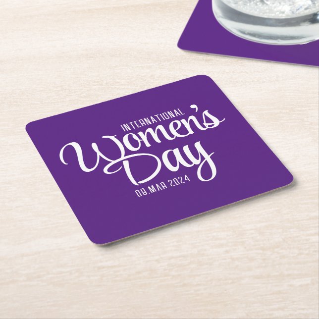 Purple Script International Women's Day March 8 Square Paper Coaster (Angled)