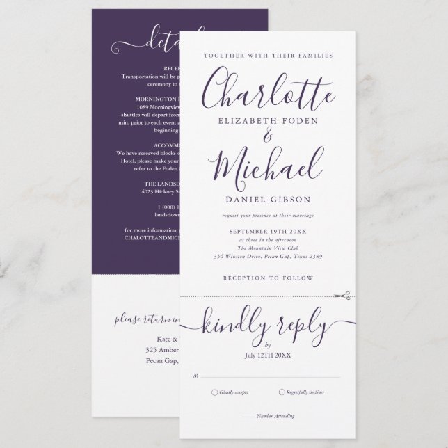 Purple Script Minimalist All In One Wedding Invitation (Front/Back)