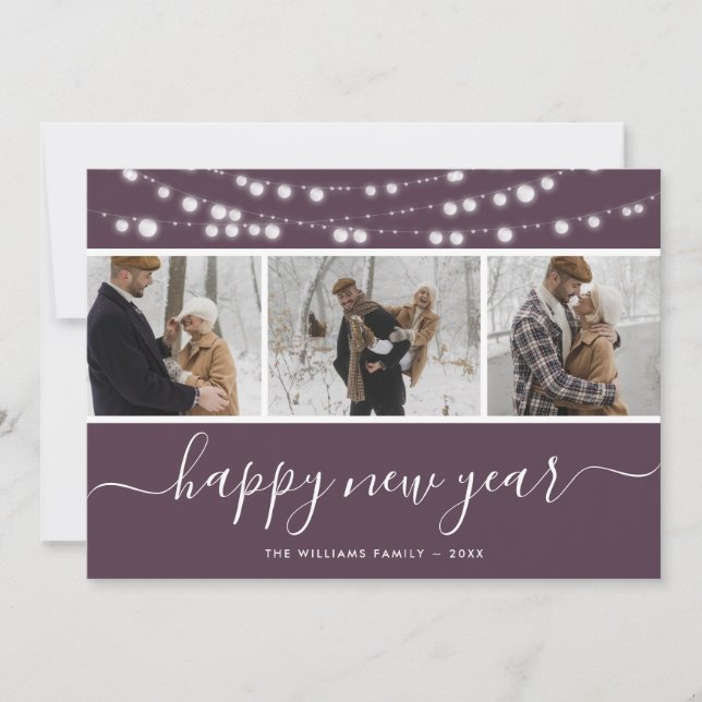 Purple Script Photo Collage Bonne année Carte (Devant)