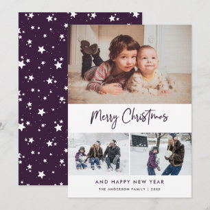 Purple Script Stars Christmas 3 Photo Collage Holiday Card