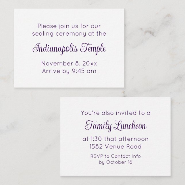 Purple Script Temple Sealing & Repas Invitation (Devant / Derrière)