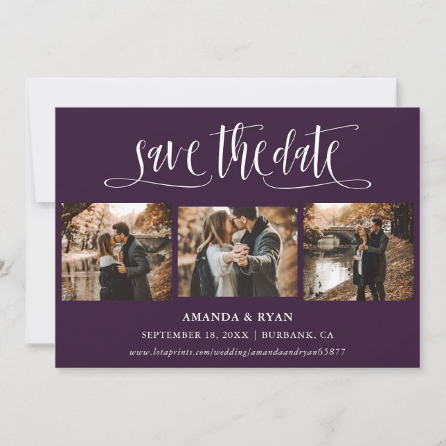 Purple Script Wedding Photo Save The Date (Front)