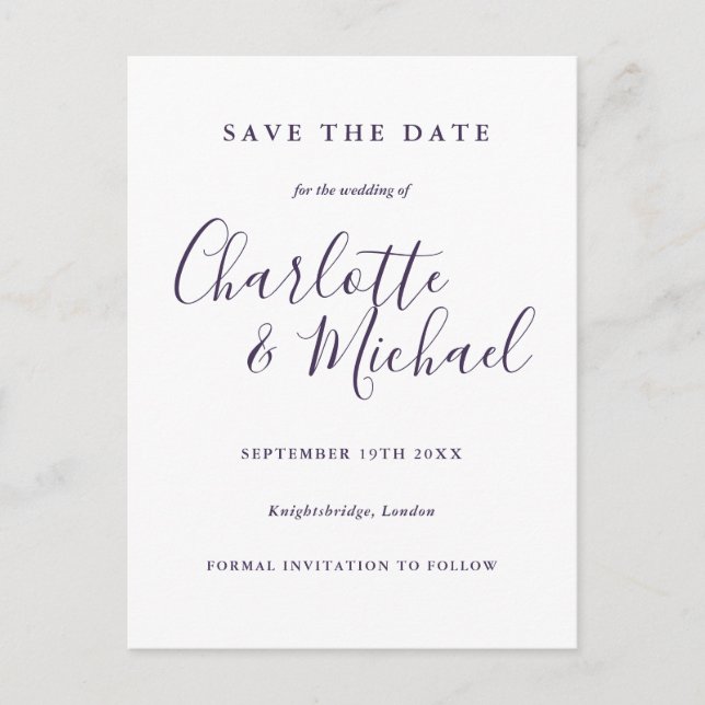 Purple Script Wedding Save the Date Postcard (Front)