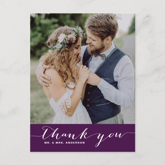 Purple Script Wedding Thank You Vertical Postcard (Front)