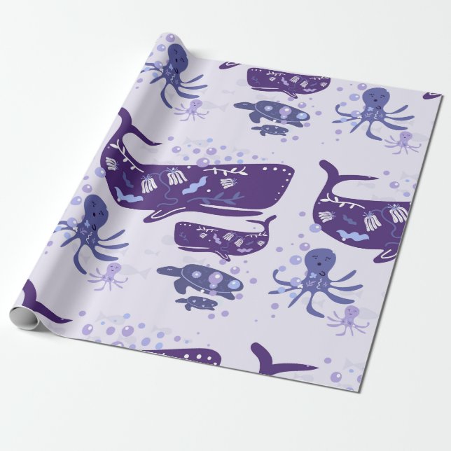 Purple Sea Creatures Whimsical Wrapping Paper (Unrolled)