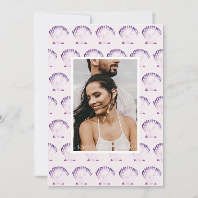Purple Sea Shell Watercolor Photo & QR Save The Date (Front)