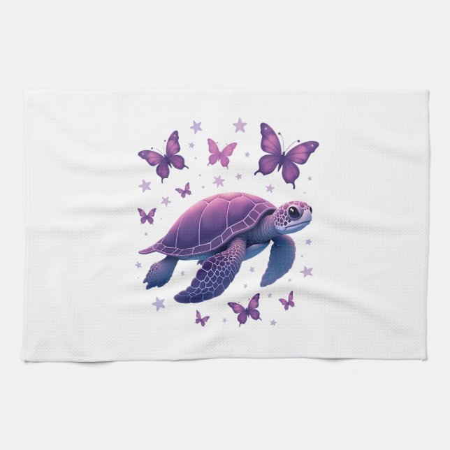 Purple - Sea Turtle Butterfly T-Shirt Kitchen Towel (Horizontal)