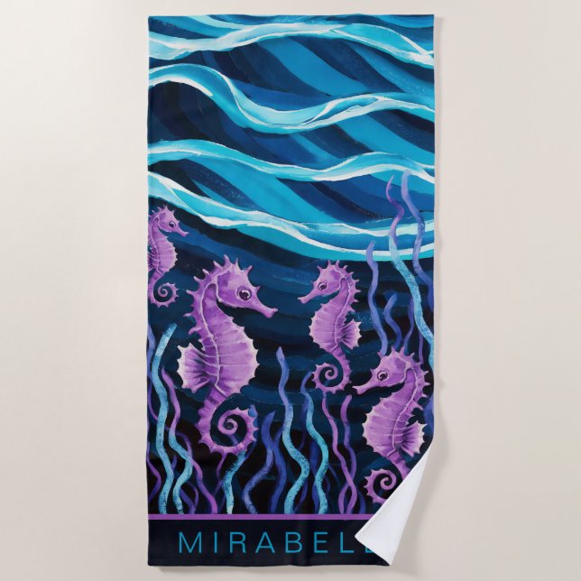 Purple Seahorses & Blue Waves Custom Beach Towel (Front)