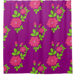Purple seamless pattern with pink flowers and gree