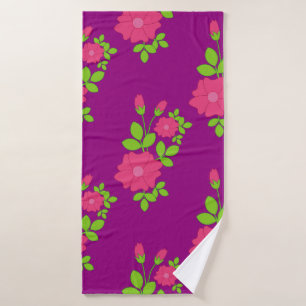 Purple seamless pattern with pink flowers and gree bath towel