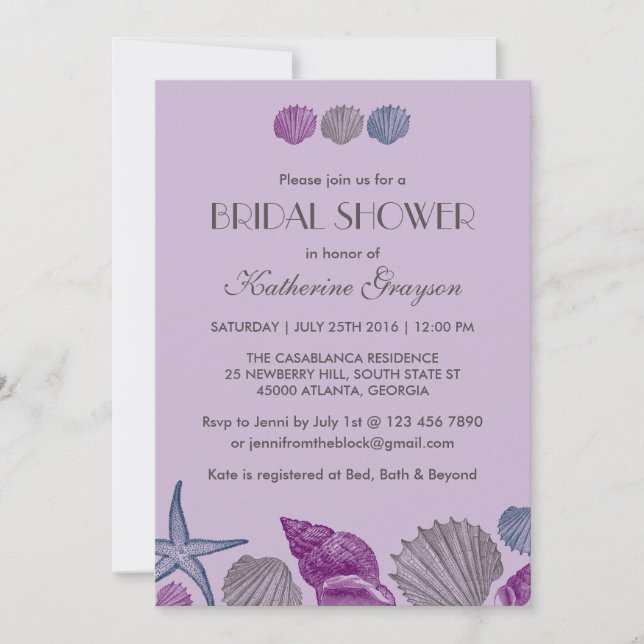 Purple Seashells Invitation for Beach Wedding (Front)