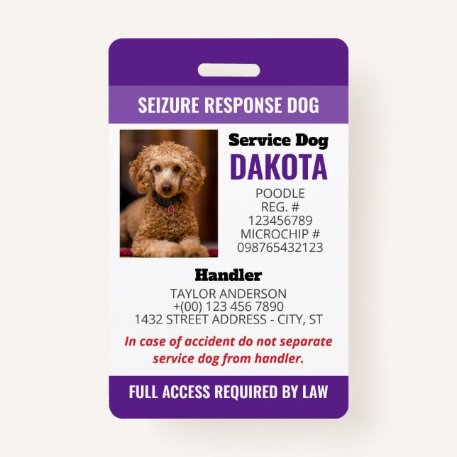 Purple Seizure Response Dog Logo QR Photo ID Badge (Front)