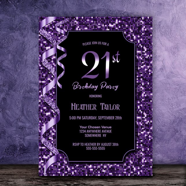 Purple Sequins 21st Birthday Party Invitation (Creator Uploaded)