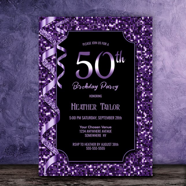 Purple Sequins 50th Birthday Party Invitation (Creator Uploaded)