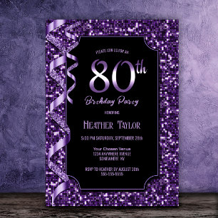 Purple Sequins 80th Birthday Party Invitation