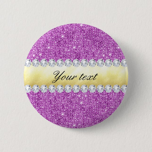 Purple Sequins Gold Foil and Diamonds 2 Inch Round Button (Front)
