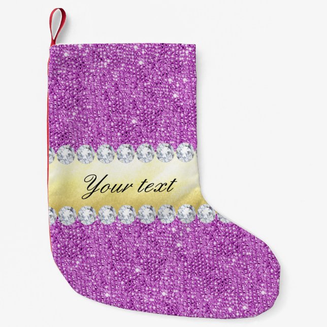 Purple Sequins Gold Foil and Diamonds Small Christmas Stocking (Front)