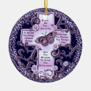 Purple Serenity Prayer Cross Ceramic Ornament