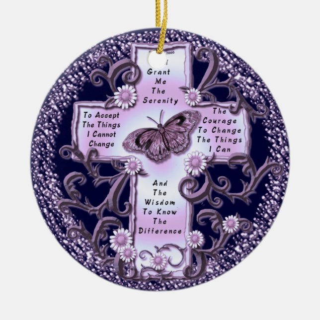 Purple Serenity Prayer Cross custom name ornament (Front)