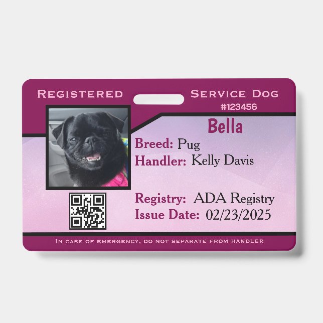 Purple service dog ID card Badge (Front)