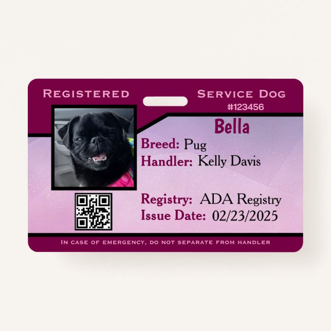 Purple service dog ID card Badge (Front)