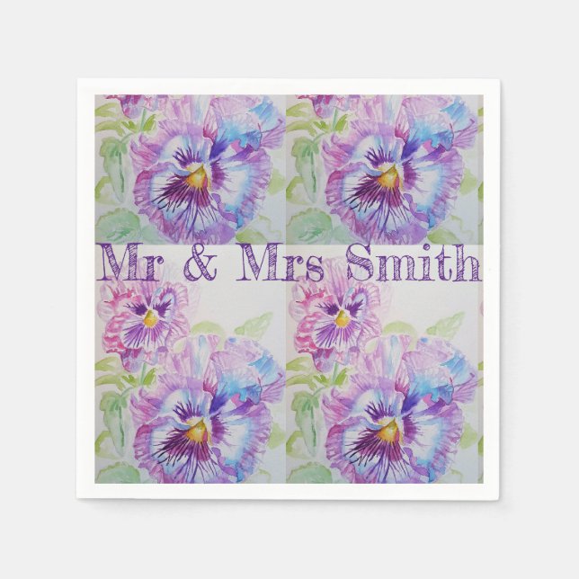 Purple Shabby Pansy Watercolour Serviette Napkins (Front)