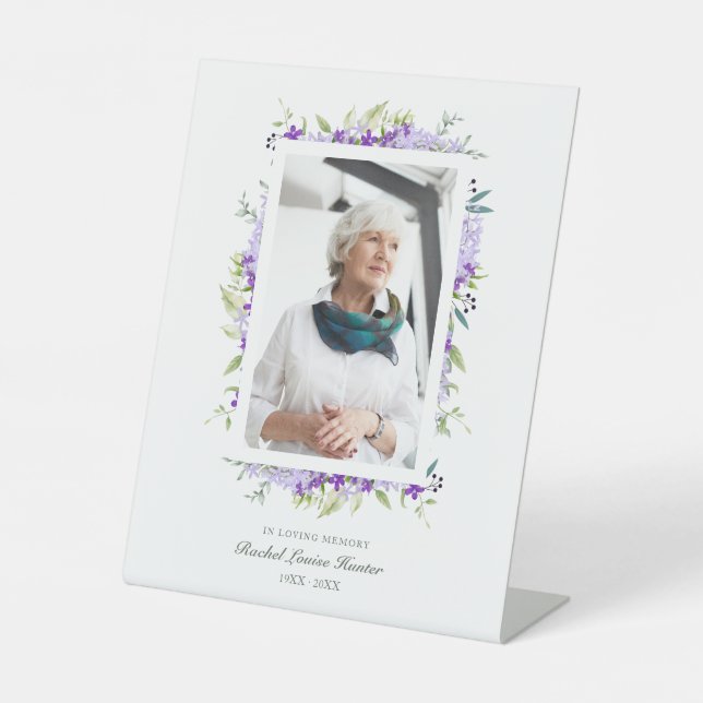 Purple Shades Garland In Loving Memory Photo Pedestal Sign (Front)