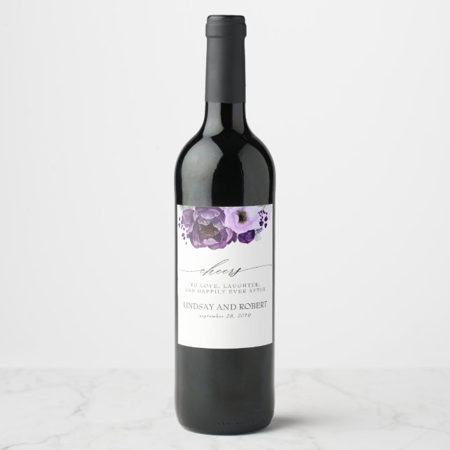 Purple Shades Romantic Flowers Special Wedding Wine Label (Front)