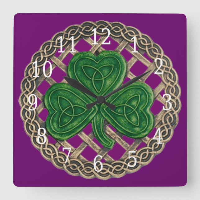 Purple Shamrock And Celtic Knots Square Clock (Front)
