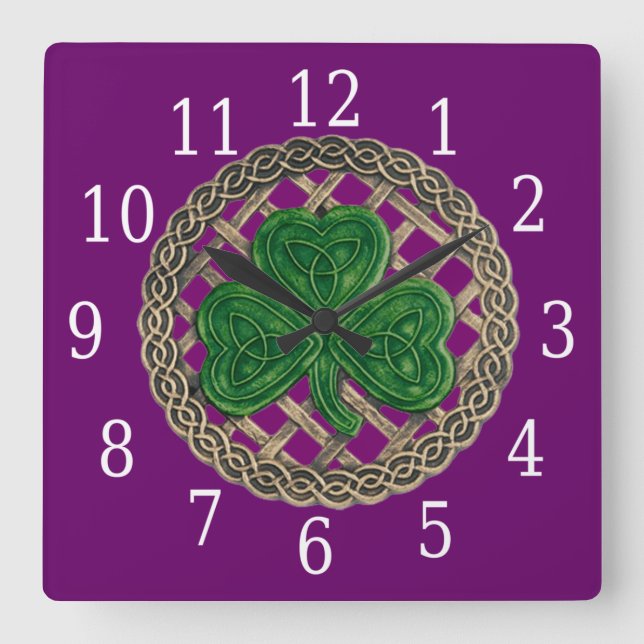 Purple Shamrock And Celtic Knots Square Clock (Front)
