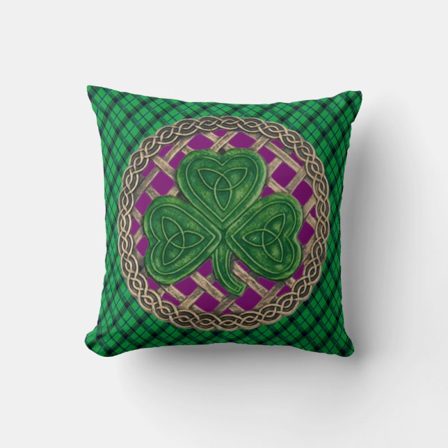 Purple Shamrock Celtic Knots On Green Plaid Throw Pillow (Front)