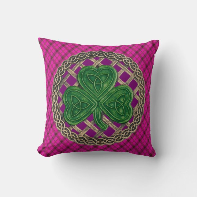 Purple Shamrock Celtic Knots On Pink Plaid Throw Pillow (Front)