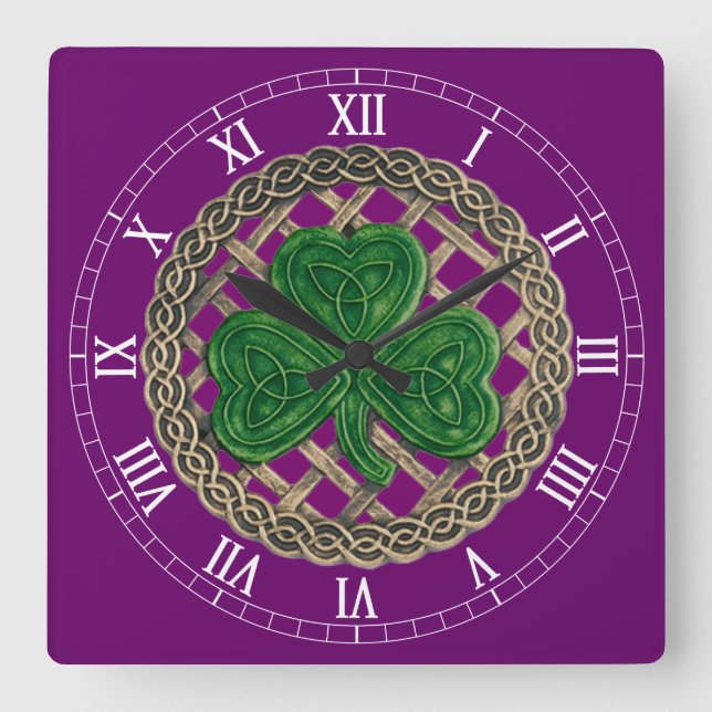 Purple Shamrock & Celtic Knots Roman Numeral Clock (Front)