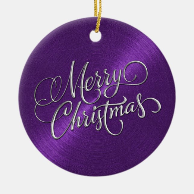 Purple Sheen and Silver Merry Christmas Ceramic Ornament (Front)